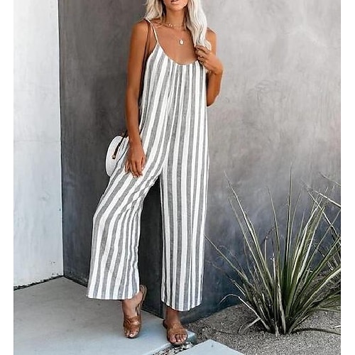 

Women's Jumpsuit Striped Casual Daily Going out Loose Spaghetti Strap Blue S M L Spring