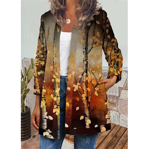 

Women's Jacket Casual Jacket Daily Holiday Winter Autumn / Fall Regular Coat Round Neck Regular Fit Casual Jacket Long Sleeve Plants Print Black Yellow