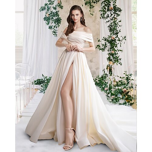 

A-Line Wedding Dresses Off Shoulder Court Train Taffeta Sleeveless Simple Luxurious with Pleats Ruched Split Front 2022