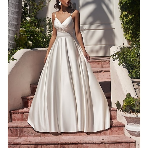 

A-Line Wedding Dresses V Neck Spaghetti Strap Sweep / Brush Train Satin Sleeveless Simple Vintage with Pleats 2022