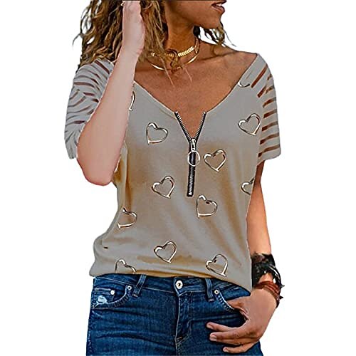 

summer women's t-shirt fashion striped heart printed short sleeve zipper v-neck casual t-shirt loose soft and thin top shirt khaki m