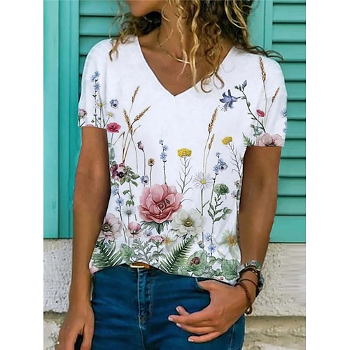 

T shirt Tee Femme Noir Blanche Bleu Floral Plantes Manche Courte du quotidien basique Col V Normal S