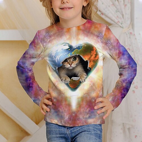 

Kids Girls' T shirt Tee Long Sleeve Rainbow Cat 3D Print Cat Animal Print Daily Wear Active 4-12 Years / Fall