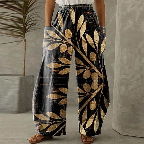 

Women's Plus Size Wide Leg Chinos Pocket Print Floral Casual Casual Daily Natural Full Length Fall Spring Yellow L XL XXL 3XL 4XL / Linen