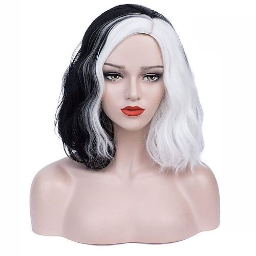 

Cruella Deville Wig Cosplay Black and White Wigs for Women Short Curly Wavy Bob Hair Wig Cute Synthetic Wigs for Party