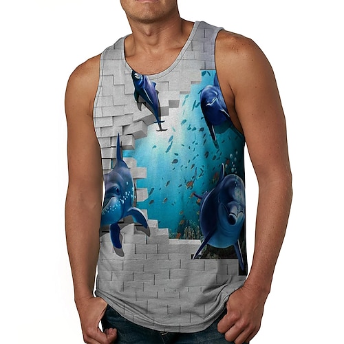 

Men's Tank Top Shirt Undershirt Animal Graphic Prints Fish Round Neck Gray 3D Print Daily Holiday Sleeveless Print Clothing Apparel Designer Casual Big and Tall / Summer / Summer
