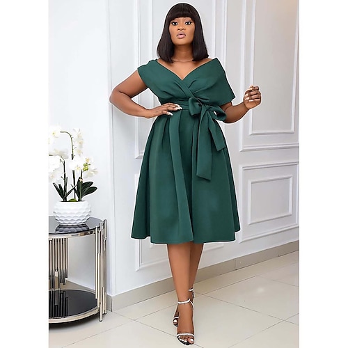 

A-Line Minimalist Plus Size Party Wear Cocktail Party Dress V Neck Short Sleeve Knee Length Cotton with Bow(s) 2022