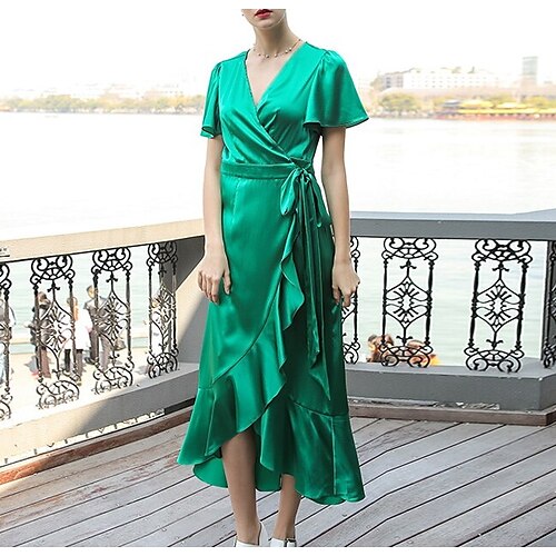 

A-Line Mother of the Bride Dress Elegant V Neck Asymmetrical Tea Length Chiffon Short Sleeve with Ruffles Split Front 2022