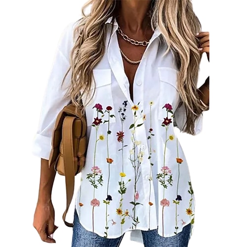 

Women's Floral Theme Blouse Shirt Floral Graphic Pocket Shirt Collar Basic Elegant Vintage Tops White