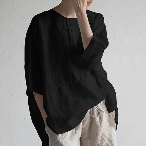 

Women's Blouse Plain Casual Daily Weekend Blouse 3/4 Length Sleeve Patchwork Round Neck Casual Vintage White Black Blue S