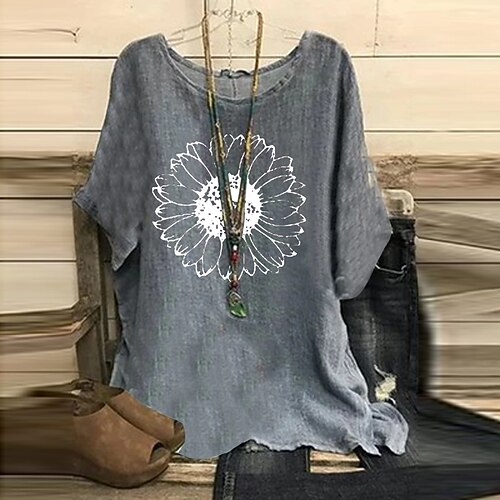 

Women's Plus Size Tops Blouse Shirt Floral Graphic Print Short Sleeve Crewneck Basic Daily Weekend Polyester Spring Summer Dark Yellow White / Sunflower