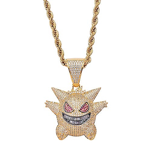 

hip hop elf pokemon zircon iced out cz stone gold gengar pendant necklace