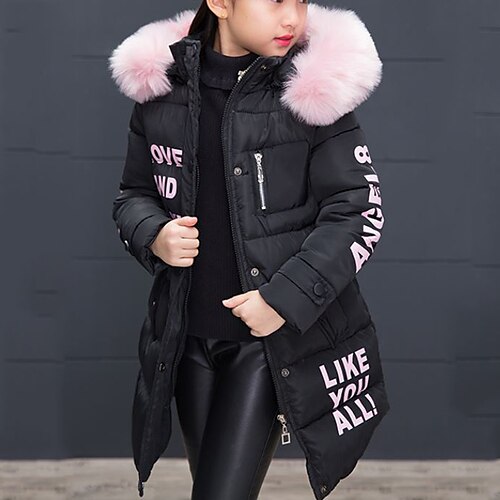 

Kids Girls' Trench Coat Down Long Sleeve Green Black Pink Letter Zipper Winter Basic Street 4-12 Years / School / Cotton