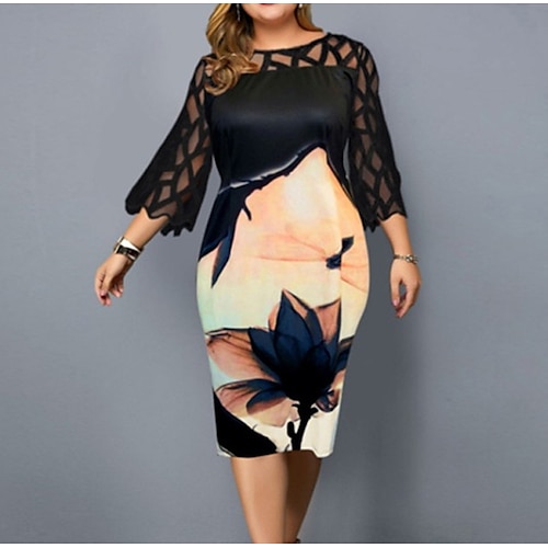 

Women's Plus Size Party Dress Butterfly Crew Neck Print 3/4 Length Sleeve Spring Fall Work Casual Sexy Prom Dress Midi Dress Daily Work Dress