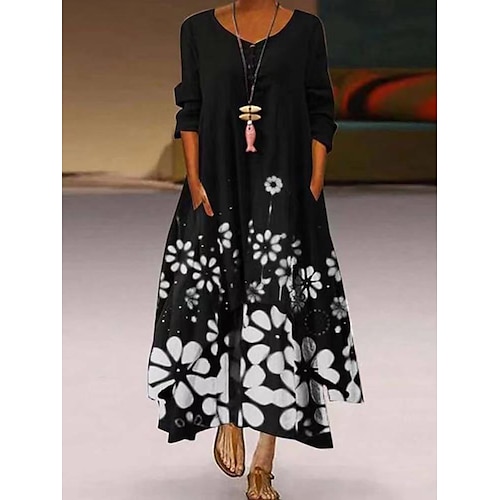 

damen a-linie kleid langes kleid maxikleid bild farbfleck langarm floral asymmetrisch herbst frühling, herbst, winter, sommer herbst rundhals lässig winterkleid herbstkleid lockere passform 2023 s m