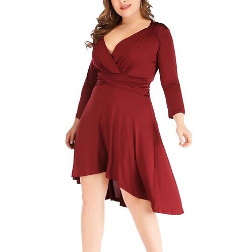 

delle donne plus size abiti lusinghieri vestito a forma di mela vestito da partito pianura scollo a v manica lunga autunno inverno vestito da promenade casuale vestito al ginocchio vestito