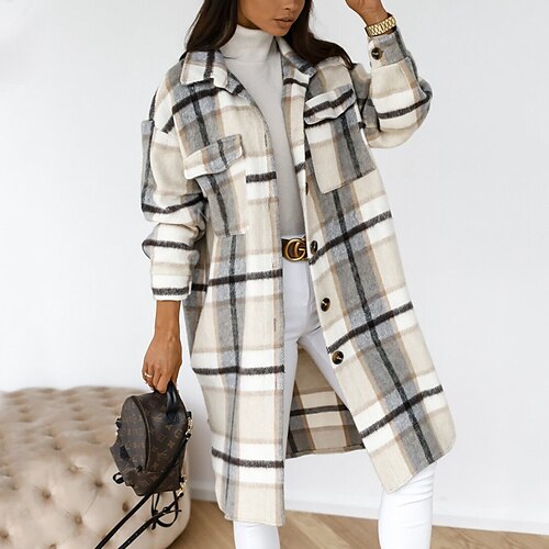 

Women's Trench Coat Coat Long Patchwork Print Asian Size Coat Black Gray Basic Essential Going out Fall Single Breasted Shirt Collar Loose S M L XL XXL / Winter