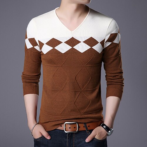 

Men's Sweater Pullover Sweater Jumper Knit Knitted Color Block V Neck Stylish Vintage Style Daily Wear Clothing Apparel Winter Fall Yellow Wine S M L