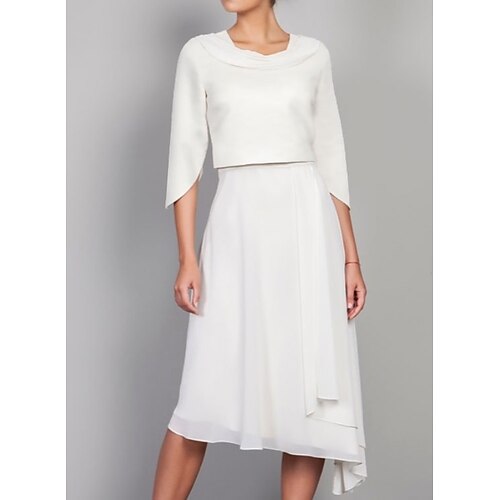

A-Line Mother of the Bride Dress Elegant Cowl Neck Knee Length Chiffon 3/4 Length Sleeve with Ruffles 2022