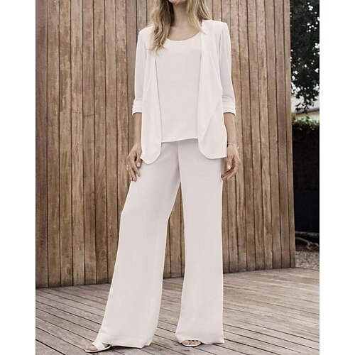 

Two Piece Jumpsuits Wedding Dresses Jewel Neck Floor Length Chiffon Long Sleeve Simple with 2022