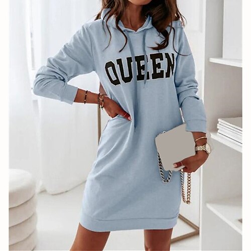 

Women's Shift Dress Green Black Blue Long Sleeve Fall Spring Summer Hooded Loose Fit S M L XL XXL