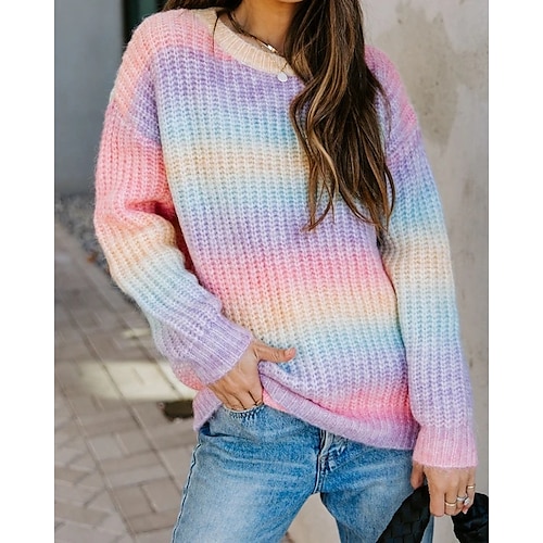 

Women's Pullover Sweater jumper Jumper Chunky Knit Knitted Color Block Crew Neck Stylish Casual Daily Holiday Drop Shoulder Winter Fall Purple Rainbow S M L / Long Sleeve / Regular Fit / Going out
