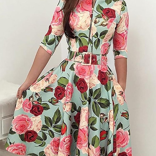 Damen Schaukelkleid Midikleid Hellgrün Halbe Ärmel Blume Reißverschluss Frühling Sommer Stehkragen Elegant Party 2022 S M L XL