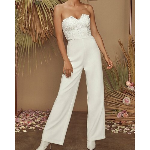 

Jumpsuits Wedding Dresses Strapless Floor Length Lace Stretch Fabric Sleeveless Romantic Modern with Appliques 2022