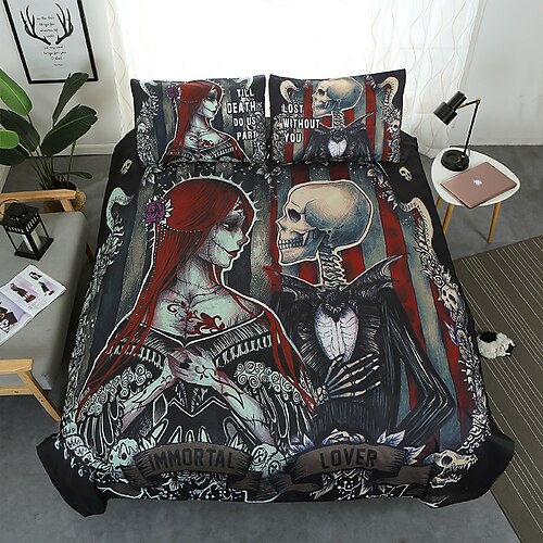 

Juego de ropa de cama con funda de edredón de calavera en 3D, funda de edredón con 1 funda de edredón o cobertor, 1 sábana, 2 fundas de almohada para cama doble/reina/rey (1 funda de almohada para