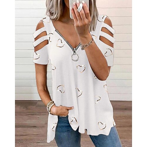 

Women's Blouse Shirt Eyelet top Blue Purple Pink Graphic Heart Zipper Cut Out Short Sleeve Daily Basic Casual V Neck Regular Loose Fit S