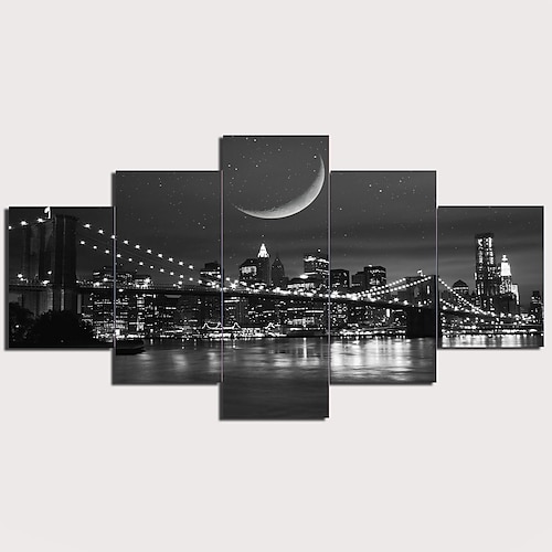 

5 Panels Wall Art Canvas Prints Painting Artwork Picture Night Bridge Urban Landscape Skyline Home Decoration Décor Rolled Canvas No Frame Unframed Unstretched