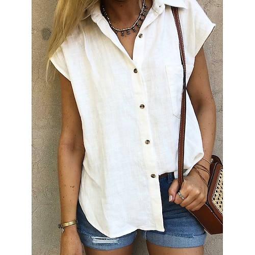 

Women's Blouse Casual Daily Blouse Shirt Short Sleeve Shirt Collar Basic Essential Light Blue White Yellow S