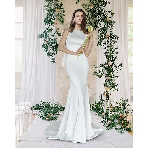 

Sheath / Column Wedding Dresses Jewel Neck Court Train Satin Sleeveless Simple with Bow(s) 2022