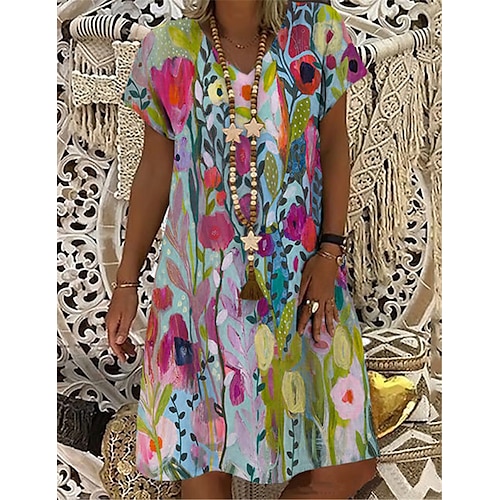 

Mulheres Vestido de turno Arco-íris Manga Curta Floral Imprimir Primavera Verão Decote V S M L XL XXL 3XL