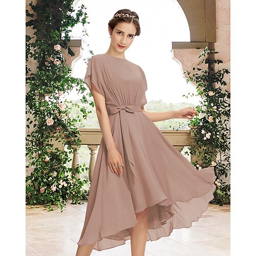 

A-Line Bridesmaid Dress Jewel Neck Short Sleeve Elegant Tea Length Chiffon with Pleats 2022