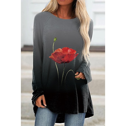 

Women's Tunic Shirts T shirt Tee Tunic Black Floral Color Gradient Print Long Sleeve Daily Weekend Basic Round Neck Long Floral Painting S