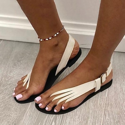 

Women's Sandals Boho Bohemia Beach Flat Sandals Summer Flat Heel Round Toe PU Ankle Strap Solid Colored Black Gold White