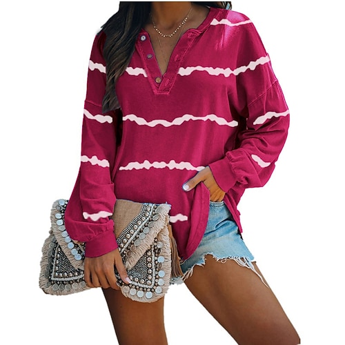 

Women's T shirt Tee Henley Shirt Pink Wine Fuchsia Striped Button Long Sleeve Daily Weekend Basic V Neck Regular S