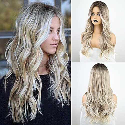 

haircube long wavy ombre blonde hair with dark roots wig for women synthetic curly hair wig middle parting 26""