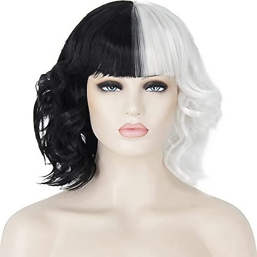 

Cruella Deville Wig Black and White Wig with Bangs Short Wavy Curly Synthetic Hair Wigs for Party Cosplay Wig for Women
