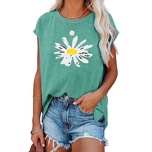 

Women's T shirt Tee Green Blue Pink Graphic Daisy Print Short Sleeve Casual Weekend Basic Round Neck Regular Painting S