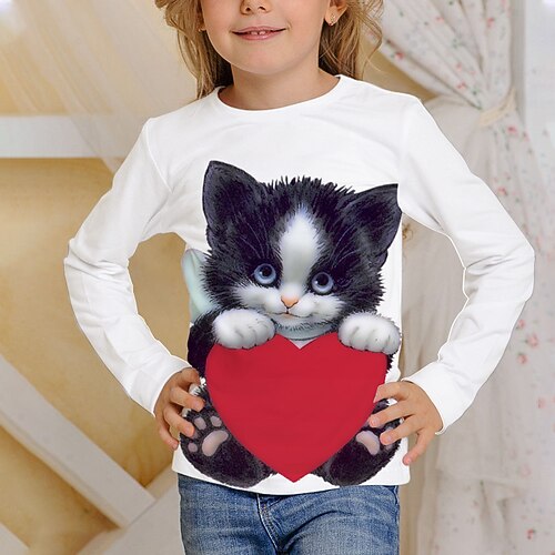 

Kids Cat 3D Print T shirt Tee Long Sleeve White Black Animal Print School Daily Wear Active 4-12 Years / Fall