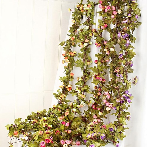 

220cm/87"" European Style Retro Imitation Rose Vines Fake Flowers Vines Silk Flowers Autumn Color Small Rose Plastic Flowers Hanging Decoration