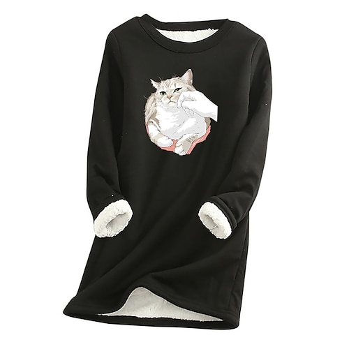 

Women's Plus Size Tops Pullover Sweatshirt Animal Cat Print Long Sleeve Casual Daily Going out Polyester Winter Fall Black Blue