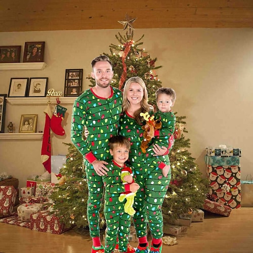 

Christmas Pajamas Ugly Family Set Stripe Home Green Long Sleeve Mom Dad and Me Mom Dad and Me Basic Matching Outfits