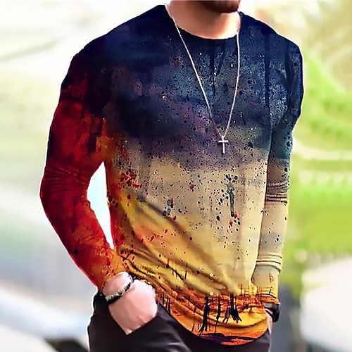 Hombre Unisexo Camiseta Camisa Tee Bloque de color Estampados Cuello Barco Naranja Impresión 3D Diario Festivos Manga Larga Estampado Ropa Design Casual Grande y alto