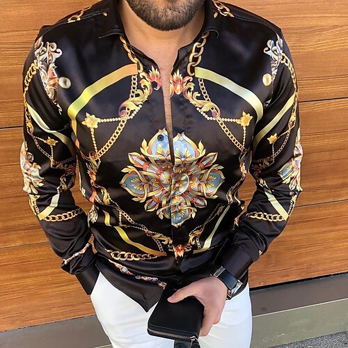 

Men's Shirt Graphic Shirt Floral Geometric Chains Print Turndown White Black Street Casual Long Sleeve Print Clothing Apparel Vintage Fashion Streetwear Designer / Spring / Business