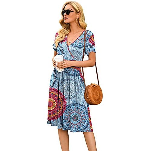 Damen A Linie Kleid Knielanges Kleid Hellblau Färberei Weiß Schwarz Rosa Weinrot Dunkelblau Marineblau Pfauenblau Kurzarm Batik Patchwork Bedruckt Frühling Sommer V-Ausschnitt Tiefes V Alltag 2022 S