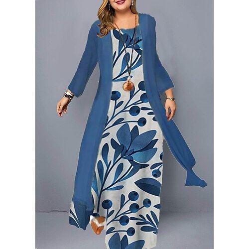

Women's Plus Size Two Piece Dress Floral Crew Neck Print Long Sleeve Winter Fall Casual Maxi long Dress Causal Daily Dress