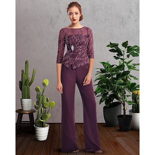 

Spezzato Pantalone Abito da cerimonia per signora Elegante Con decorazione gioiello Lungo Chiffon Di pizzo Mezza manica con Con applique 2023